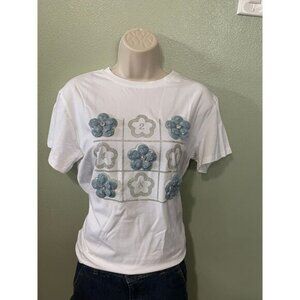 Lalea Glamour Women's 3D Flower Short Sleeve White Shirt Size Large New